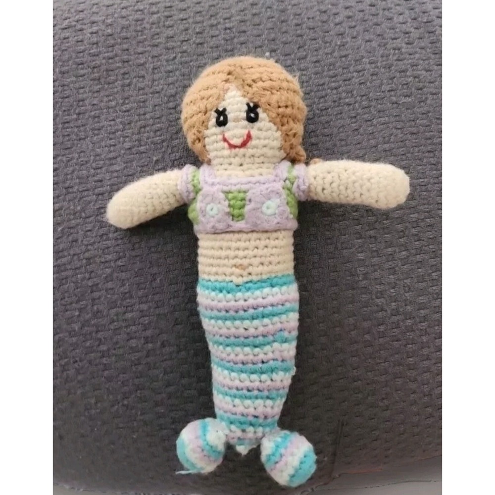 Pebble Crocheted Mermaid Girl w Aqua Purple & White Striped Tail Baby‎ Rattle
